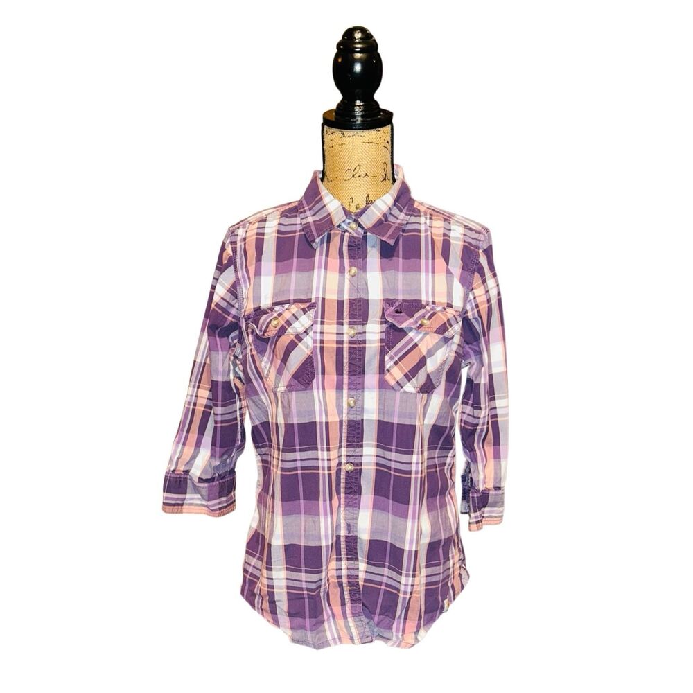 Carhartt Shirt L 3/4 Roll Tab Sleeve Pockets Button Up Plaid